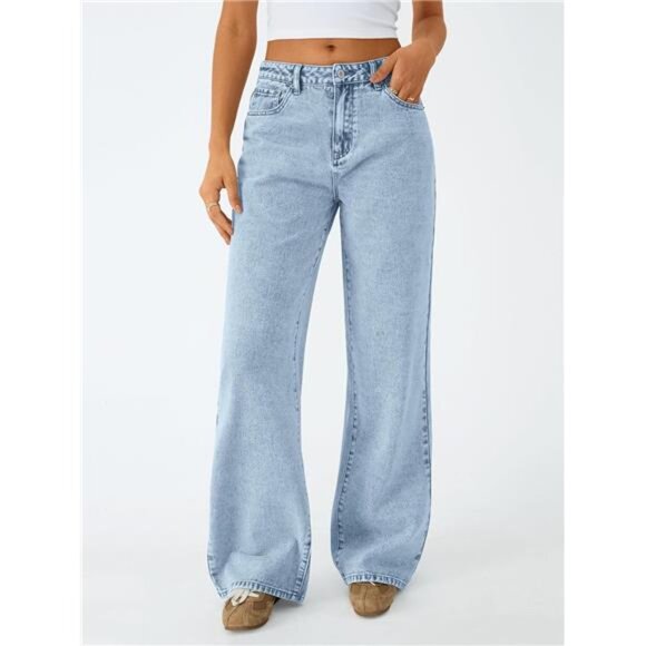 Women Wide Straight Leg High Waisted Jeans Light Blue - Picture 2 of 5